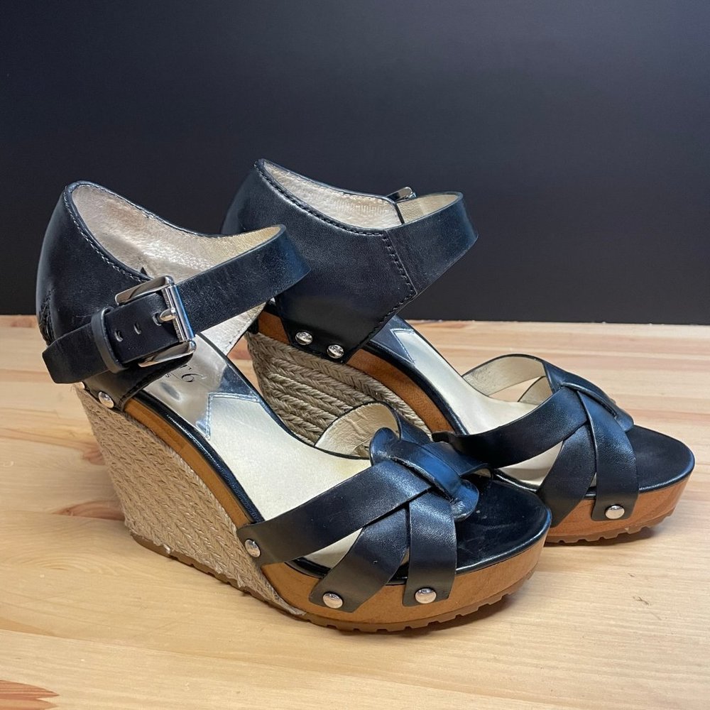 Michael Kors Jet Set 6 Somerly Wedge Espadrille Black Leather Heel Sandal Size 7